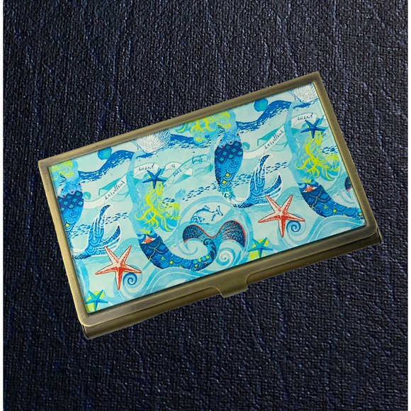 Mermaids & Starfish Business Card Holder Nautical, Brass & Glass Case, Gift Box - Picture 1 of 5